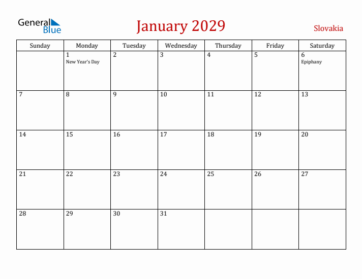 Slovakia January 2029 Calendar - Sunday Start
