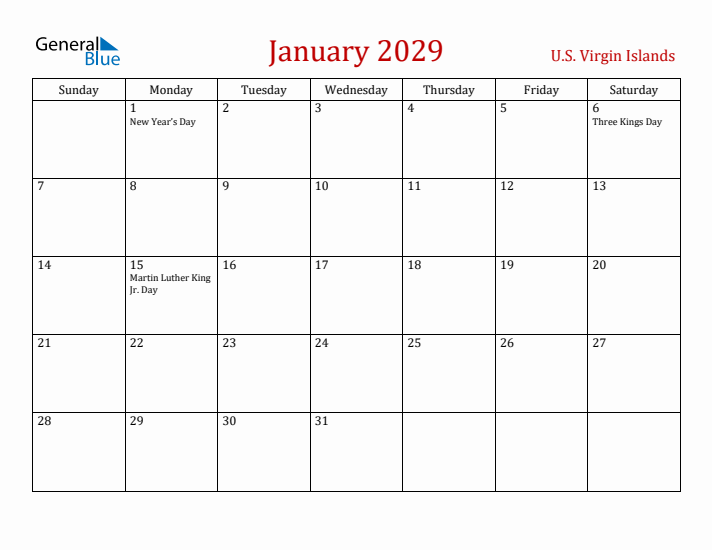 U.S. Virgin Islands January 2029 Calendar - Sunday Start
