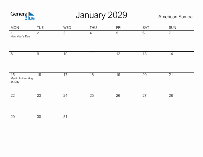Printable January 2029 Calendar for American Samoa