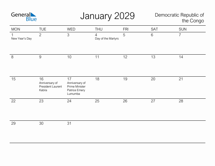 Printable January 2029 Calendar for Democratic Republic of the Congo