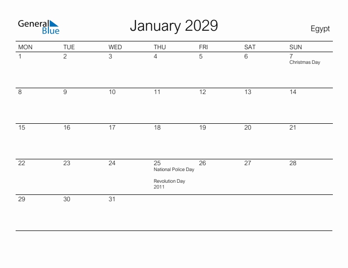 Printable January 2029 Calendar for Egypt