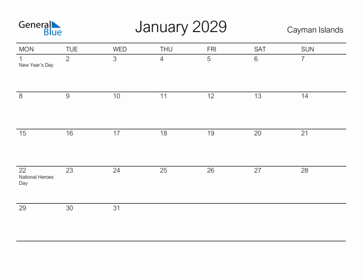 Printable January 2029 Calendar for Cayman Islands