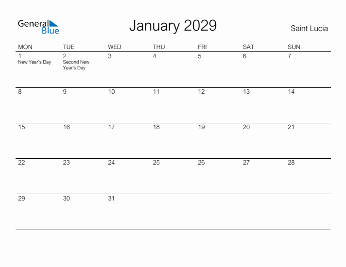 Printable January 2029 Calendar for Saint Lucia