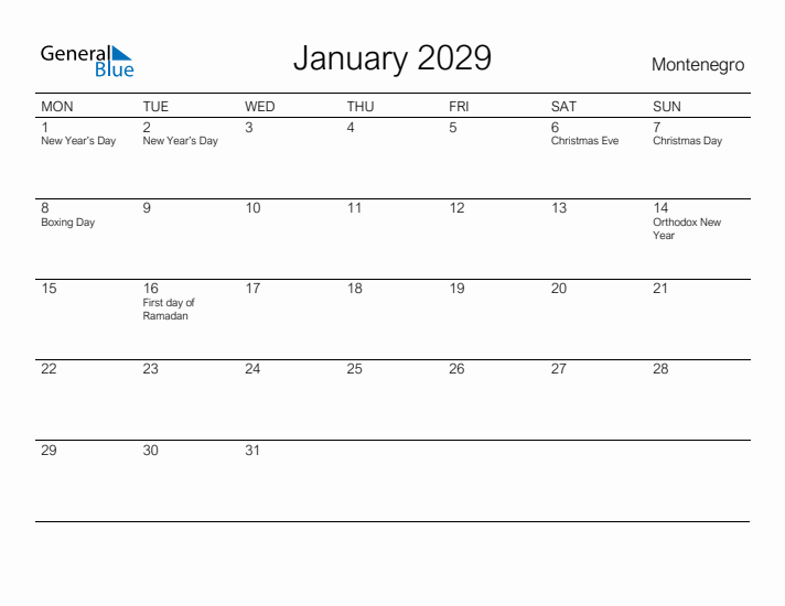 Printable January 2029 Calendar for Montenegro