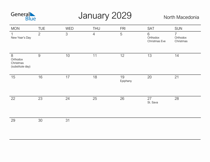 Printable January 2029 Calendar for North Macedonia