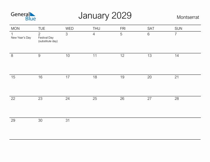 Printable January 2029 Calendar for Montserrat