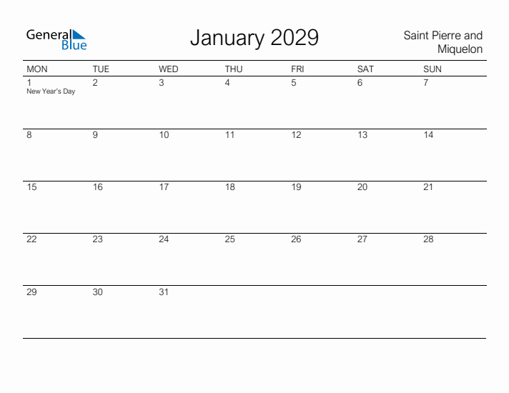 Printable January 2029 Calendar for Saint Pierre and Miquelon