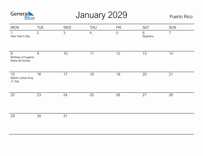Printable January 2029 Calendar for Puerto Rico