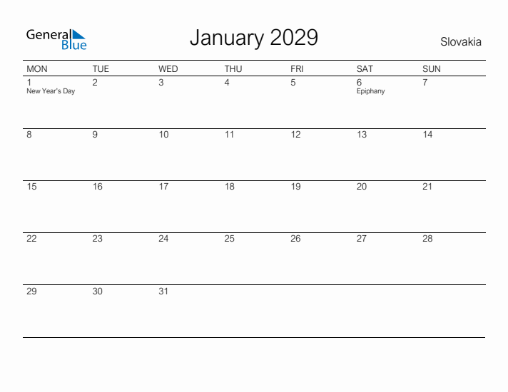 Printable January 2029 Calendar for Slovakia
