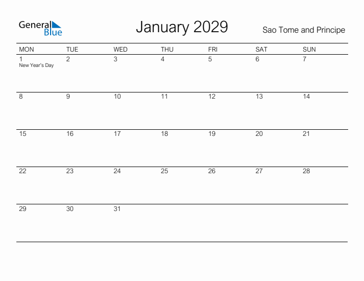 Printable January 2029 Calendar for Sao Tome and Principe