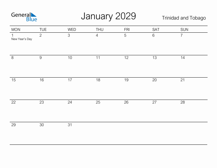 Printable January 2029 Calendar for Trinidad and Tobago