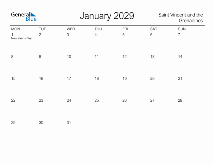Printable January 2029 Calendar for Saint Vincent and the Grenadines