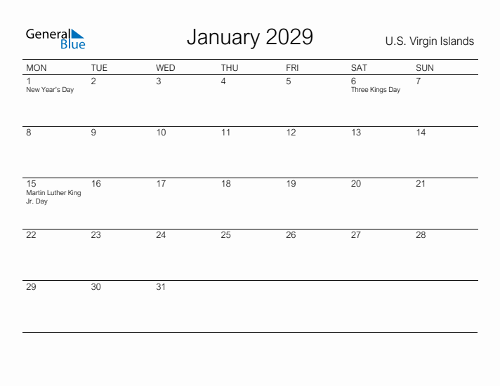 Printable January 2029 Calendar for U.S. Virgin Islands