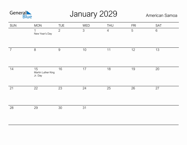 Printable January 2029 Calendar for American Samoa