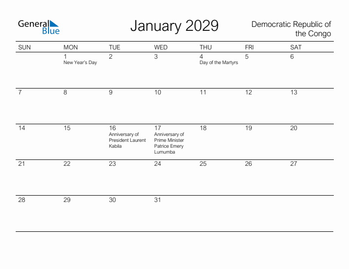 Printable January 2029 Calendar for Democratic Republic of the Congo