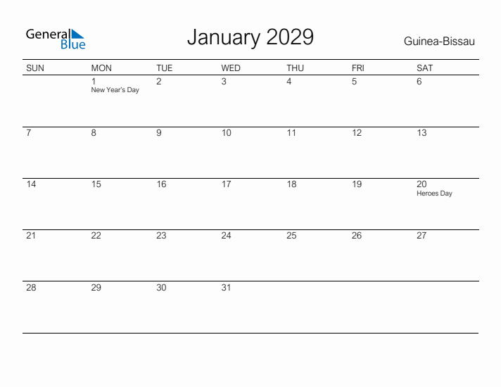 Printable January 2029 Calendar for Guinea-Bissau
