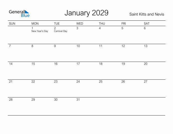 Printable January 2029 Calendar for Saint Kitts and Nevis