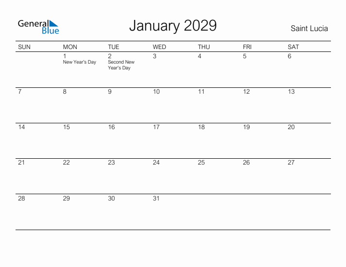 Printable January 2029 Calendar for Saint Lucia