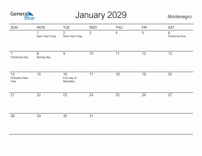 Printable January 2029 Calendar for Montenegro
