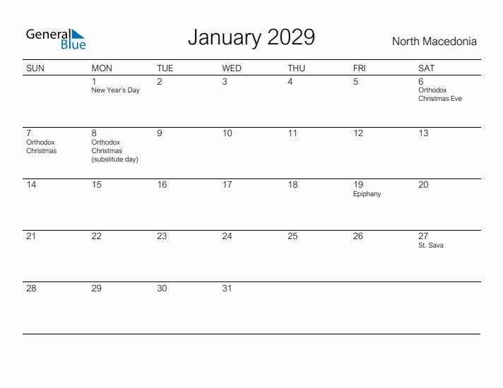 Printable January 2029 Calendar for North Macedonia