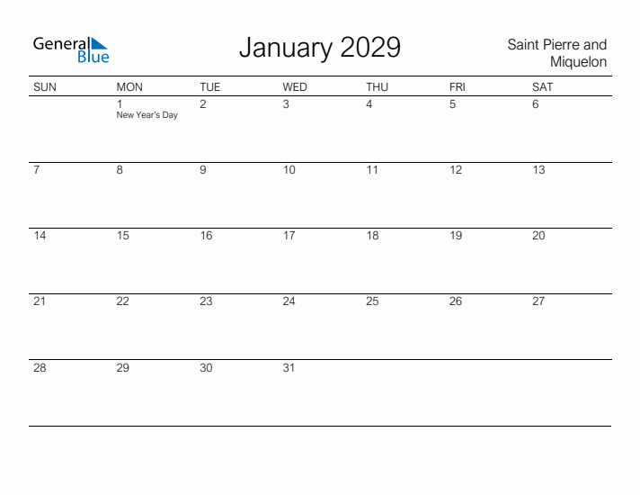 Printable January 2029 Calendar for Saint Pierre and Miquelon