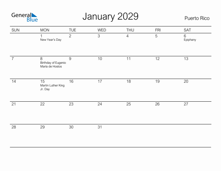 Printable January 2029 Calendar for Puerto Rico