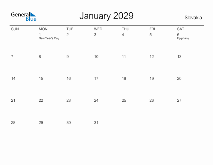 Printable January 2029 Calendar for Slovakia