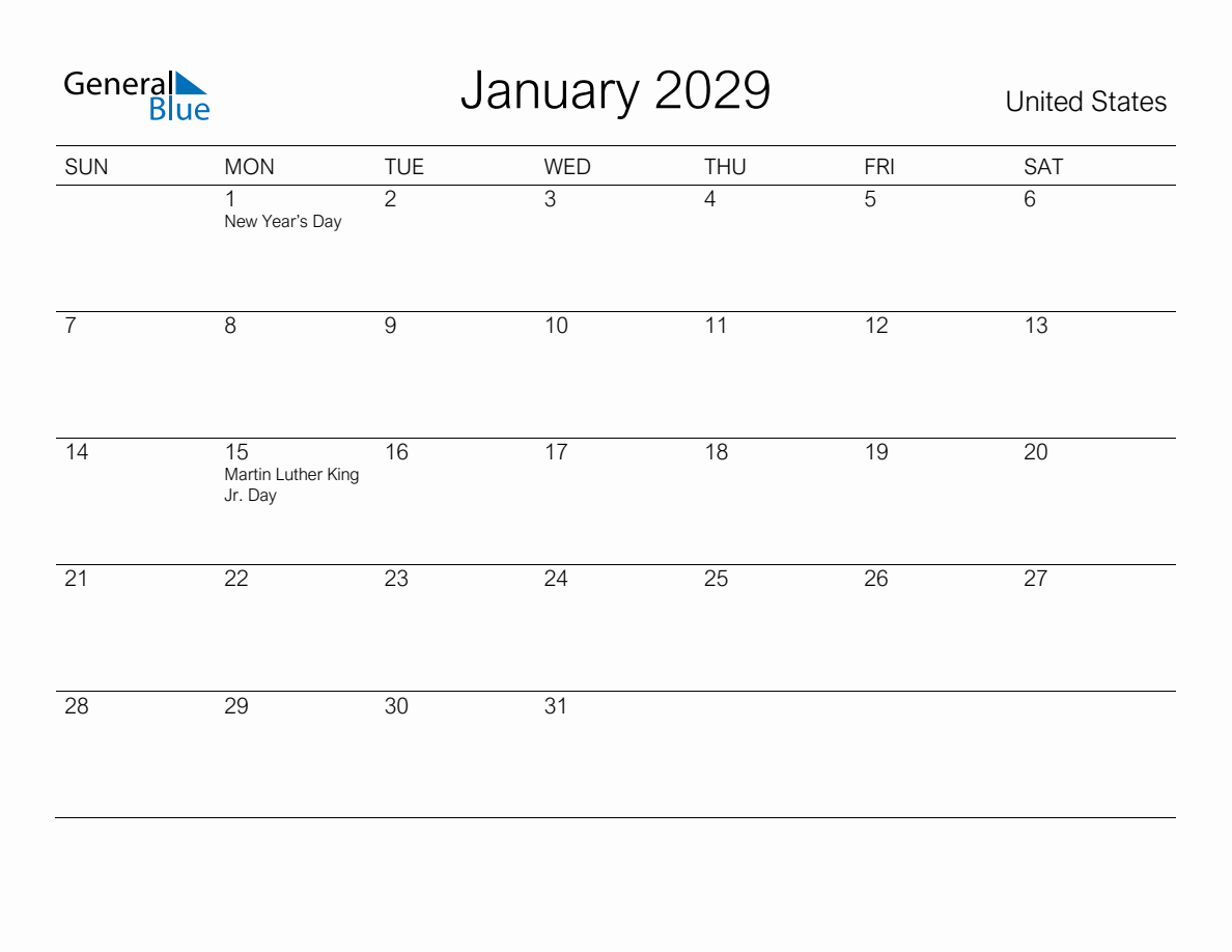 Printable January 2029 Monthly Calendar with Holidays for United States