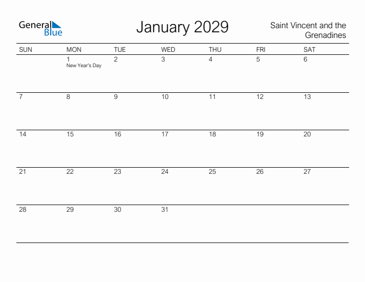Printable January 2029 Calendar for Saint Vincent and the Grenadines