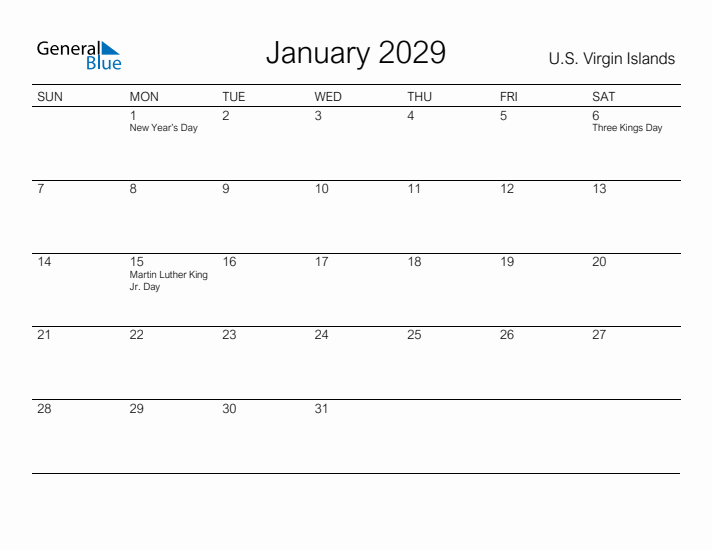 Printable January 2029 Calendar for U.S. Virgin Islands