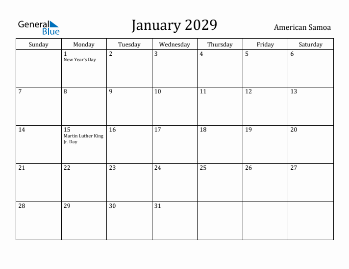 January 2029 Calendar American Samoa
