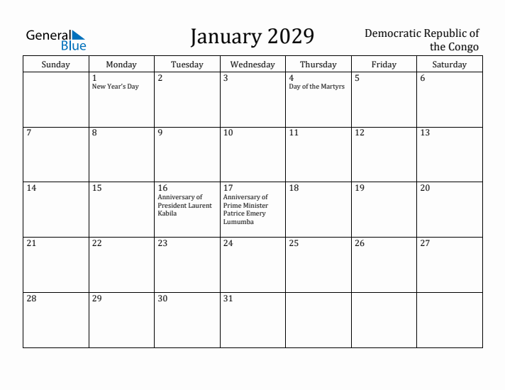 January 2029 Calendar Democratic Republic of the Congo