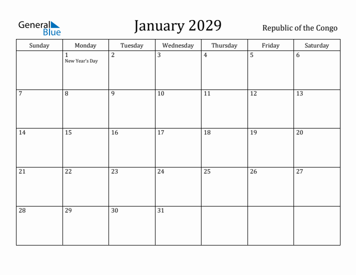 January 2029 Calendar Republic of the Congo
