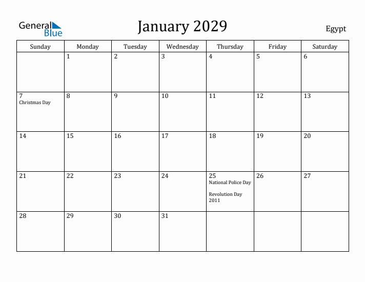 January 2029 Calendar Egypt