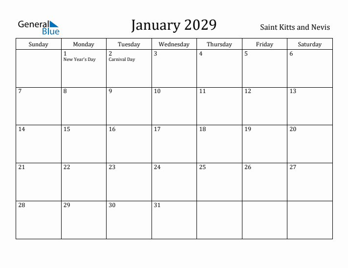 January 2029 Calendar Saint Kitts and Nevis