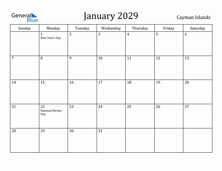 January 2029 Calendar Cayman Islands