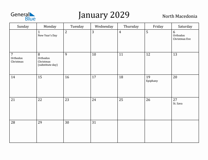 January 2029 Calendar North Macedonia