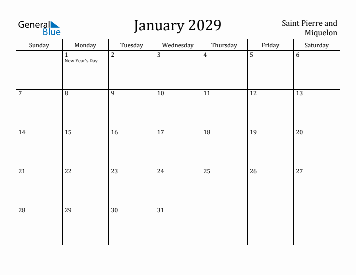 January 2029 Calendar Saint Pierre and Miquelon