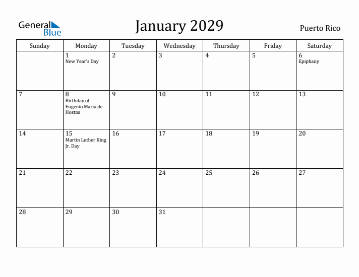 January 2029 Calendar Puerto Rico