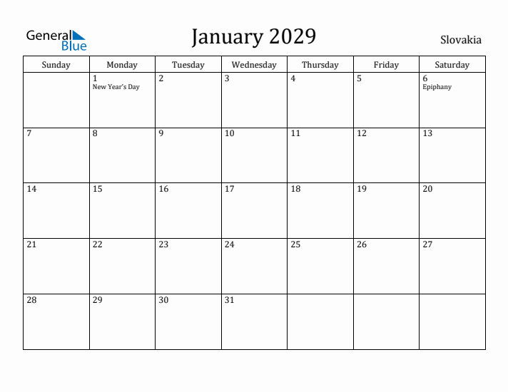 January 2029 Calendar Slovakia