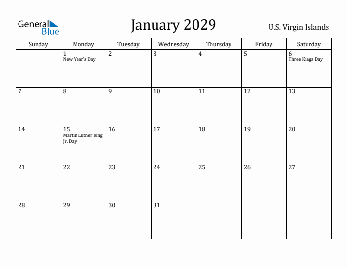 January 2029 Calendar U.S. Virgin Islands