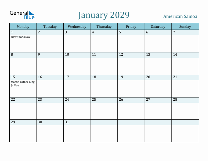 January 2029 Calendar with Holidays