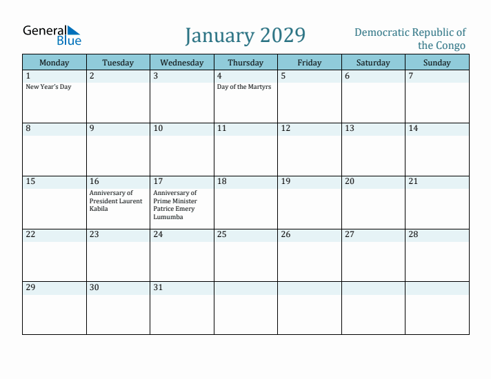 January 2029 Calendar with Holidays