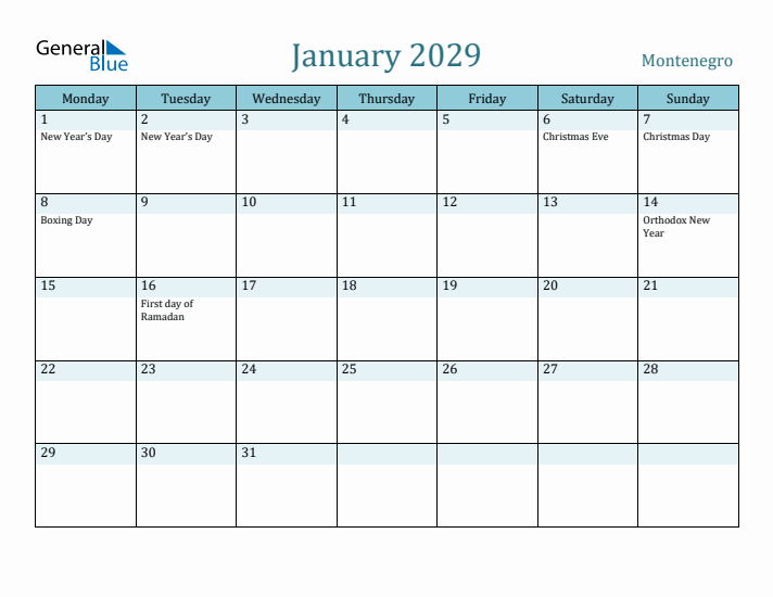 January 2029 Calendar with Holidays