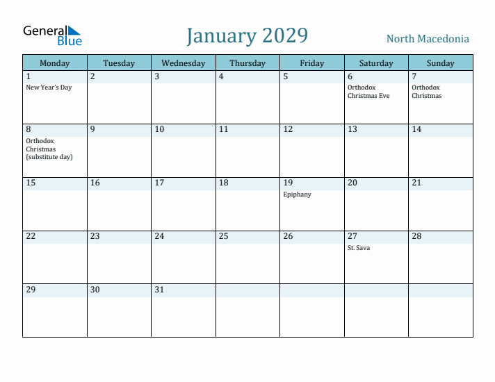 January 2029 Calendar with Holidays