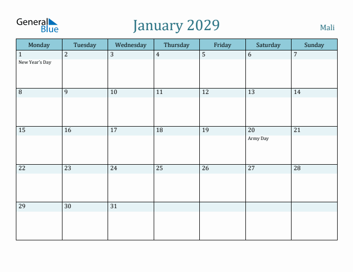 January 2029 Calendar with Holidays