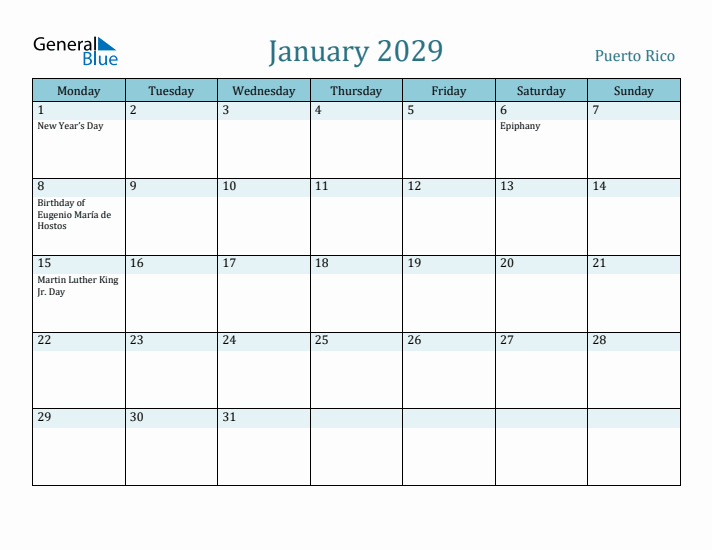 January 2029 Calendar with Holidays