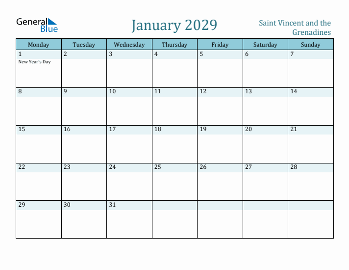 January 2029 Calendar with Holidays