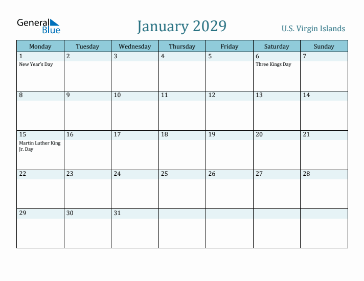 January 2029 Calendar with Holidays