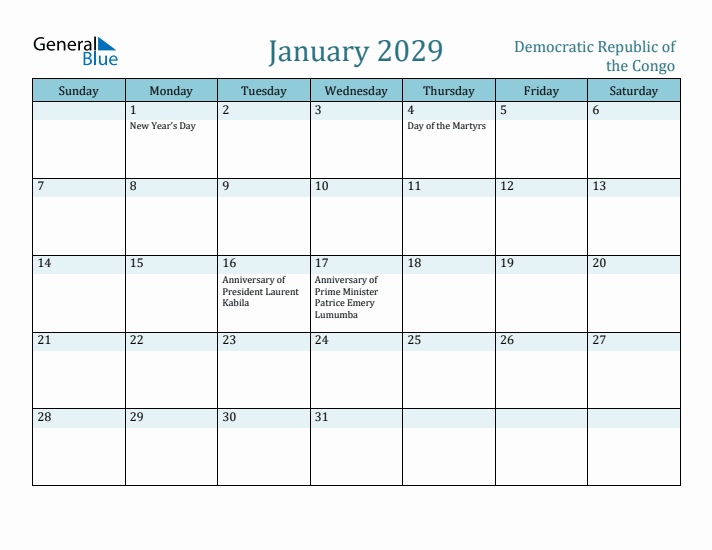 January 2029 Calendar with Holidays